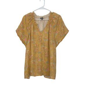 Wonderly Womens Mustard Yellow Boho Floral Blouse Size XL Short Ruffle V Neck